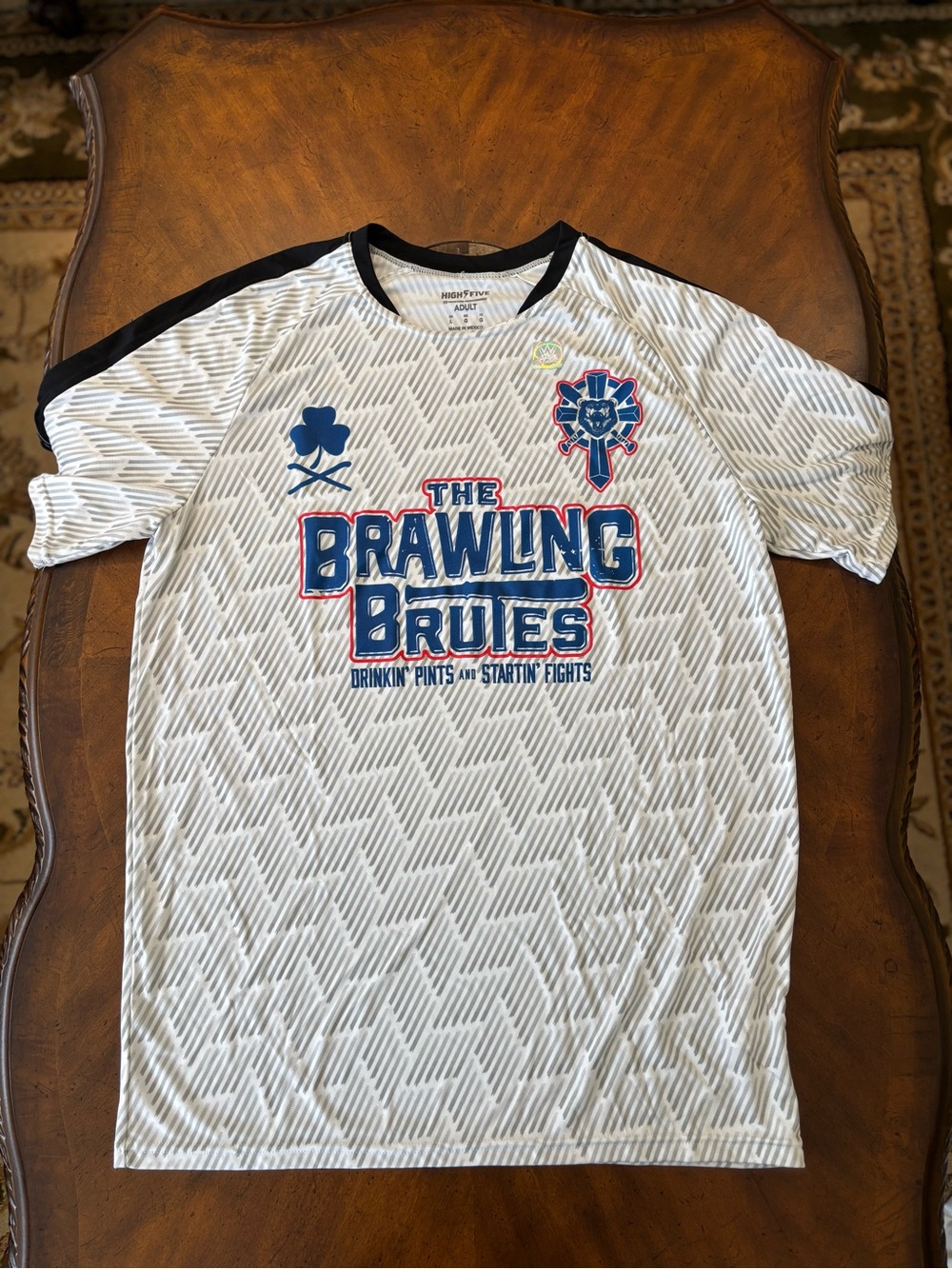 WWE Brawling Brutes White Short Sleeve Tee with Blue and Red Logo